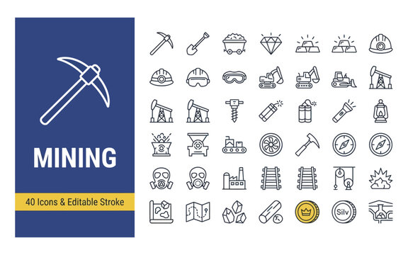 Mining Industry Line Icon Set Featuring Tools Equipment Mineral Extraction and Industrial Exploration Symbols for Graphic Design