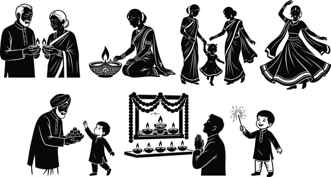 Diwali Celebration Silhouettes Black And White Vector Illustration