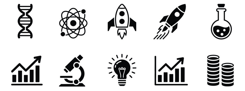 Science icons featuring DNA, atom, rocket, microscope, lightbulb, graph, coins, flask, molecule, and orbit symbols with clean minimalist vector graphics for education, research, innovation, and techno