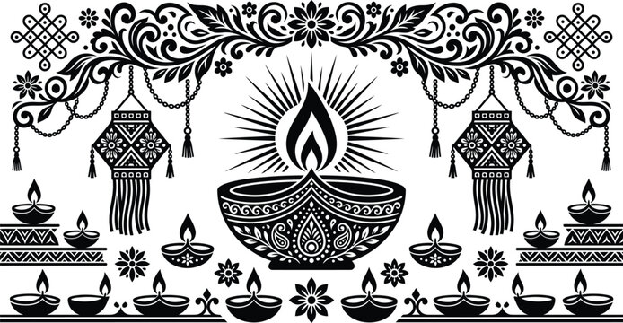 Diwali Ornamental Pattern With Lamps And Lanterns Black Silhouette