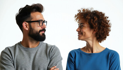 Fototapeta premium Man with beard, woman with curly hair stand facing on white background. Couple looks at one another with neutral facial expressions. Two people share silent moment of social disconnect, emotional