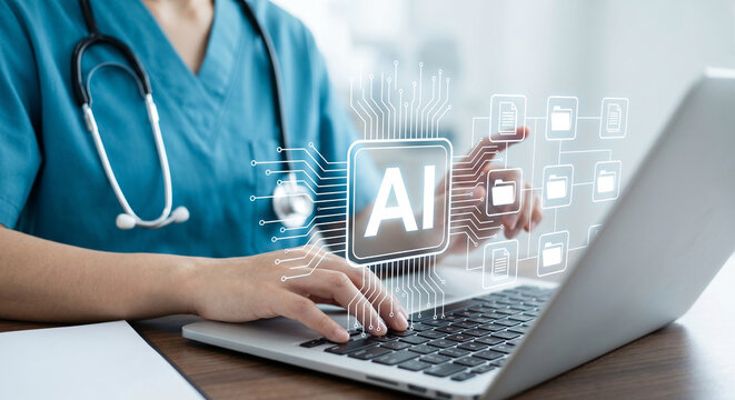 Healthcare professional using artificial intelligence on a laptop for medical data management and analysis