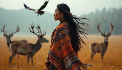 Fototapeta premium Indigenous woman wears traditional patterned shawl in autumn meadow. Wild deer graze near eagle flying overhead under misty sky. Female character stands calm among forest animals. Cultural heritage