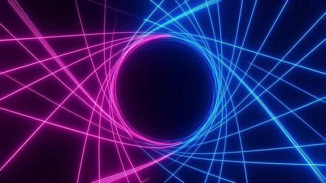 Seamless cycled 3D animation featuring flowing pink and blue neon lines creating a dynamic abstract background with glowing light effects, smooth motion, futuristic atmosphere, vibrant energy, and mod