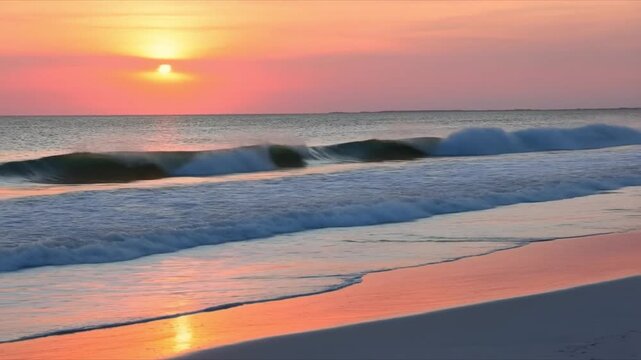 Looping video captures a peaceful sunset over Lover Key Beach in Florida, where golden light colors the sky while gentle waves roll onto the sandy shore, creating a calm, relaxing coastal atmosphere.
