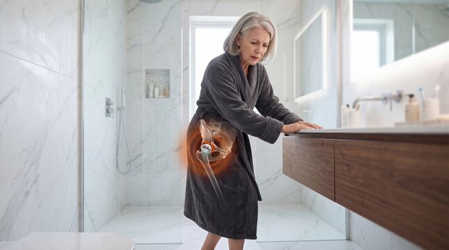 Senior woman standing in bathroom suffering from hip pain. Visualization of joint inflammation and arthritis on human skeleton. Medical concept of orthopedic injury and elderly health care.