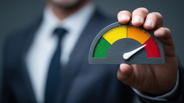 Businessman holding a risk meter showing a high level of danger and uncertainty