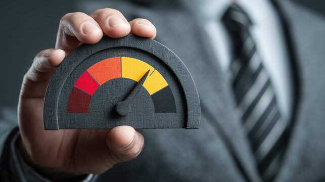 Businessman holding a risk meter showing a high level of danger and uncertainty