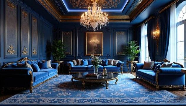 Modern palace living room features blue velvet sofas, golden ornaments. Crystal chandelier hangs from high ceiling above round table. Luxury home interior design elegant wall panels, large windows in