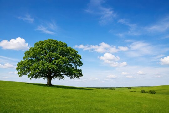 Lone oak tree on green rolling meadow under blue sky with clouds
