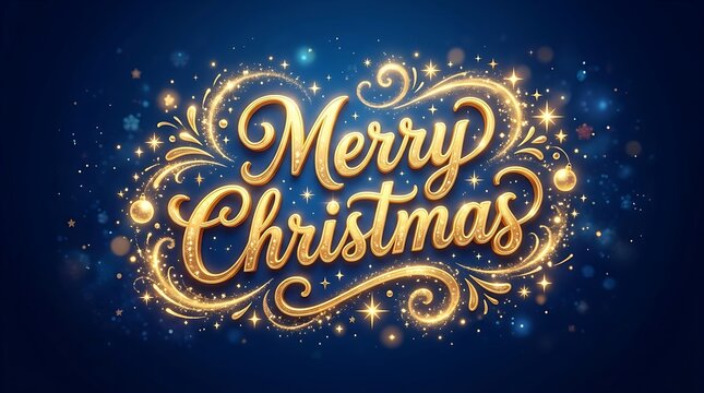 Golden Merry Christmas Calligraphy Text surrounded by Glowing Sparkles and Stars on Dark Blue Background
