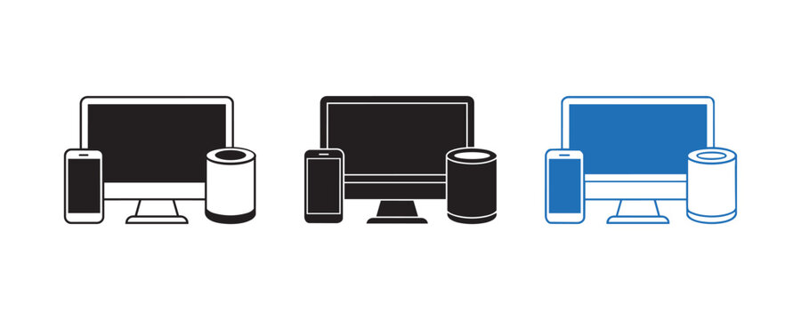 Responsive web design smart devices icon set desktop smartphone database server outline solid blue vector