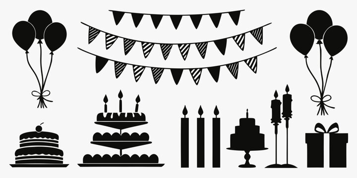 Set of 100 flat for birthday party decorations, including balloons, cake, presents, and confetti birthday cake