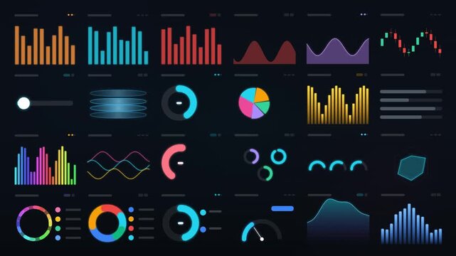 Colorful data visualization dashboard featuring abstract charts, graphs, and digital UI components on a dark background for business analytics