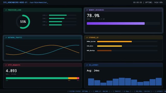 Modern Dark Mode User Interface Design Featuring Complex Data Visualization and Analytical Graphs for Technology Monitoring