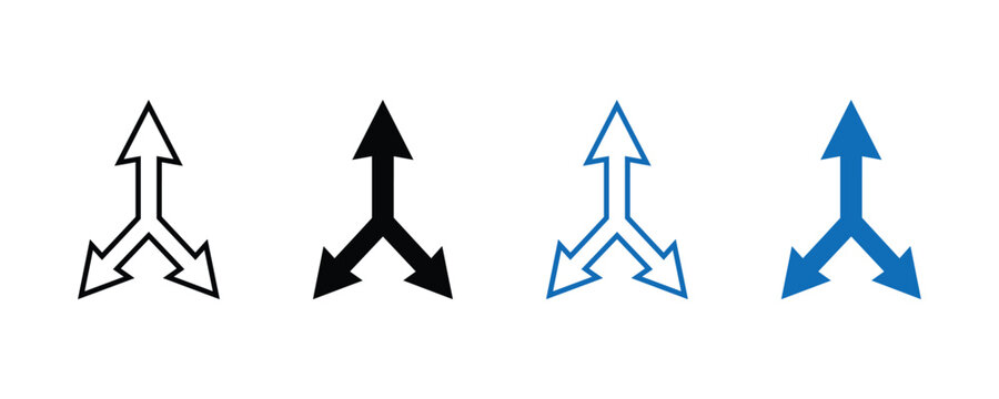 Three way split arrow icon set branching direction decision making multiple path outline solid vector illustration
