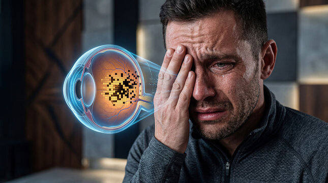 Crying man suffering from macular degeneration or vision loss. Digital eye anatomy hologram illustrating retinal disease and eyesight impairment. Medical healthcare technology concept.