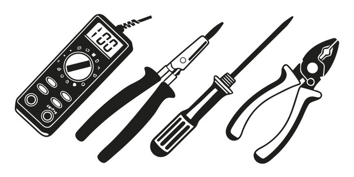 Set of 100 electrical engineering on white background, black and white line symbols