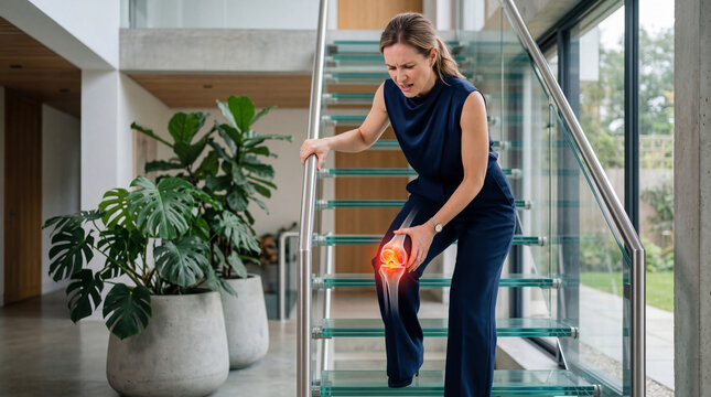 Woman suffering from severe knee pain while climbing stairs in house. Joint injury and inflammation medical concept. Chronic leg ache and arthritis health problem illustration.