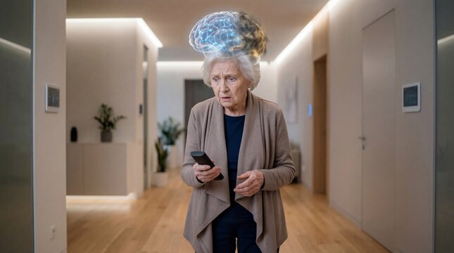 Elderly woman holding remote control with glowing digital brain model above head. Concept of memory loss, dementia, cognitive health and aging process. Innovation in medical diagnostics.