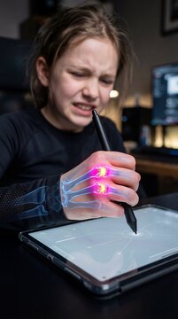 Child with hand pain using stylus on tablet. Young girl suffering from arthritis or injury while drawing. Digital illustration of joint inflammation and injury skeletal concept.