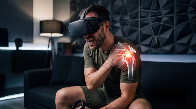 Man using virtual reality headset feeling shoulder pain. Digital medical visualization of joint ache overlay. Future of innovative physiotherapy and rehabilitation technology in gaming.