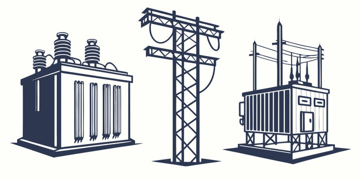 Set of three vintage-style power transformers with high-voltage insulators, white background, high-voltage transformer