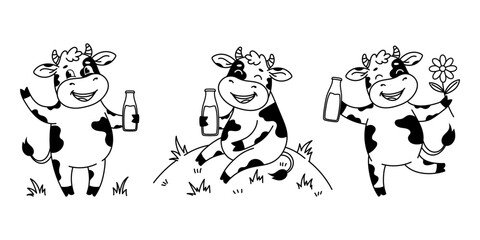 Fototapeta premium Set cute doodle cows holding milk bottles in different poses. Cow character for milk packaging. Black and white line illustration for kis books, coloring pages, food packaging or dairy branding.