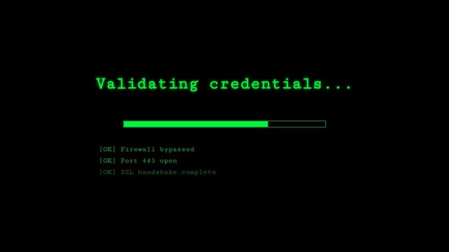 Digital security authentication in progress, validating user credentials with a progress bar and status updates on a dark screen