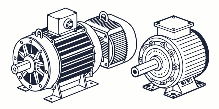 Set of 100 black and white electric motor on white background, industrial engineering mechanical
