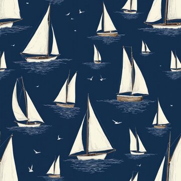 Pattern of white sailboats on deep blue sea. Seagulls fly above water waves. Classic maritime design for nautical decor. Summer coastal theme.