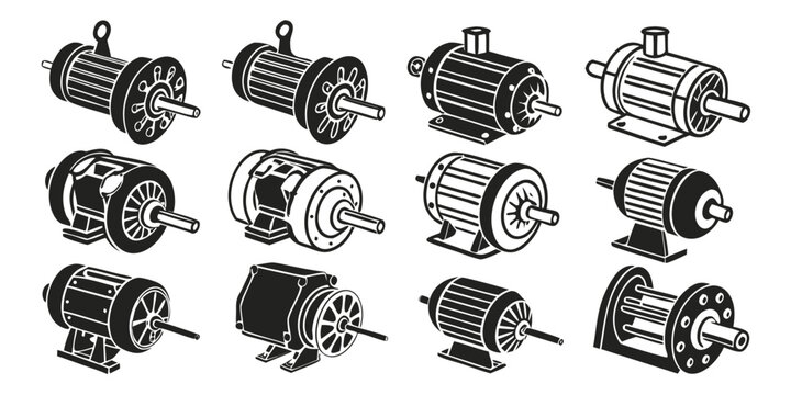 Set of 100 black and white electric motor on white background, engine monochrome