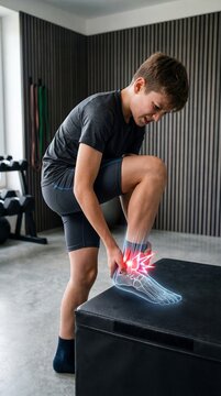 Child with ankle injury in gym. Boy feeling pain after sports training. Visualization of foot trauma, skeleton and ligament damage. Concept of orthopedic rehabilitation and healthcare.