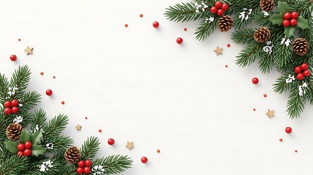 Christmas Background with Pine Branches Pinecones and Red Berries Framing Blank White Space for Copy Space