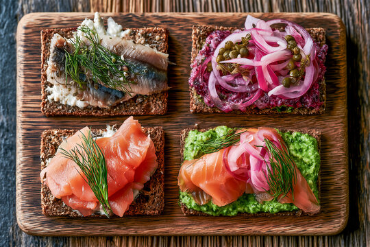 Top view of traditional wooden board Danish Sm&oslash;rrebr&oslash;ds (or Smorrebrods), open sandwiches with rye bread, salmon, herring, onions,capers,fresh herbs,  food tradition in Denmark