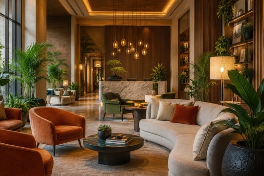 Modern boutique hotel lobby interior with warm lighting and lounge seating