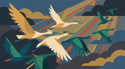 Obraz premium Flying herons and cranes through dramatic geometric clouds at sunset