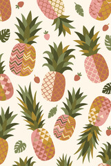 Fototapeta premium Colorful geometric pineapples with tropical leaves and small fruits
