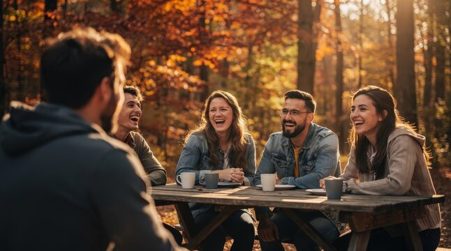 Group of Friends Laughing Together at Wooden Picnic Table in Sunlit Autumn Forest, Warm Golden Light Enhancing Vibrant Foliage, Casual Outdoor Gathering, Capturing Joyful Camaraderie