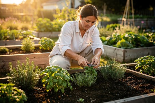 Dedicated Woman Tending to Lush Herb Garden in Sunlit Backyard, Warm Golden Hour Light, Raised Wooden Planters Overflowing with Fresh Greenery, Capturing Tranquility and Connection with Nature
