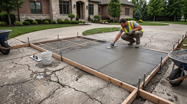 Concrete driveway renovation concept, a professional worker smoothing fresh wet cement in a wooden formwork for a residential home driveway repair.