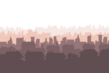 Obraz premium Suburban street silhouette in a small town. Roofs of houses. Country landscape. Housing vector. Seamless composition isolated on white background