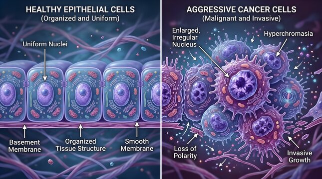 Microscopic comparison of healthy epithelial cells and aggressive cancer cells, medical diagram of malignant invasive tumor growth, biological tissue structure
