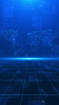 Futuristic blue global network background world map, luminous horizon, and digital grid perspective. for broadcast videos, corporate reports, data analysis, world news, logistics, and tech overlays.
