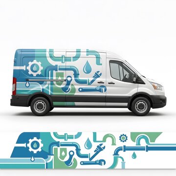 Plumbing Service Van with Pipe Graphics and Tools - Professional Plumber Vehicle Wrap Design