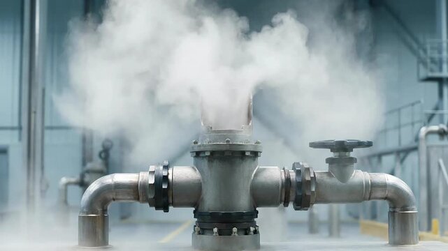 Industrial steel pipe valve releasing thick white steam in a factory setting motion