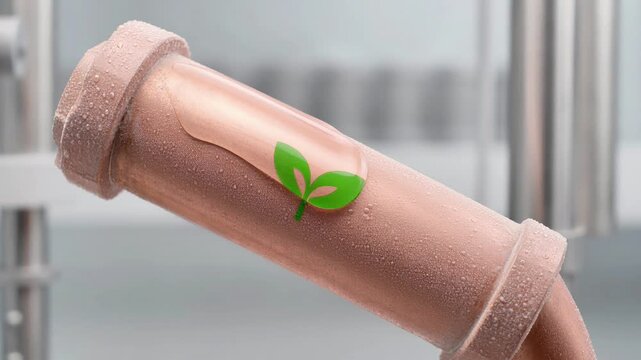 Clear liquid droplet sliding down a textured copper pipe animation for eco friendly industrial