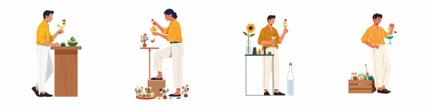 Set of illustrations featuring mixologists preparing honey-infused cocktails with fresh honeycomb and bees, highlighting natural ingredients and artisanal drink craft.