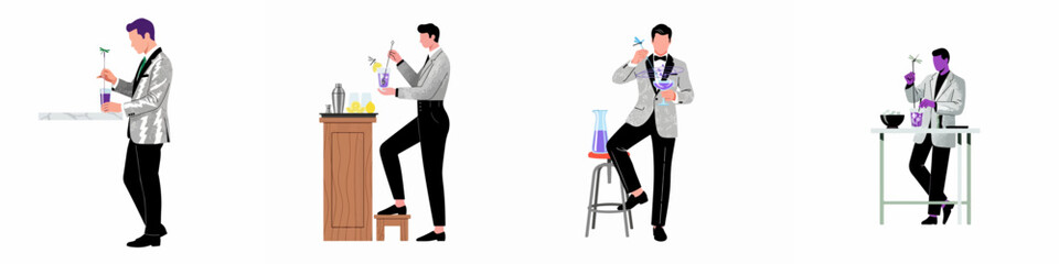 A set of four illustrations featuring a dapper man in a silver tuxedo jacket preparing and garnishing sophisticated purple cocktails at a bar.