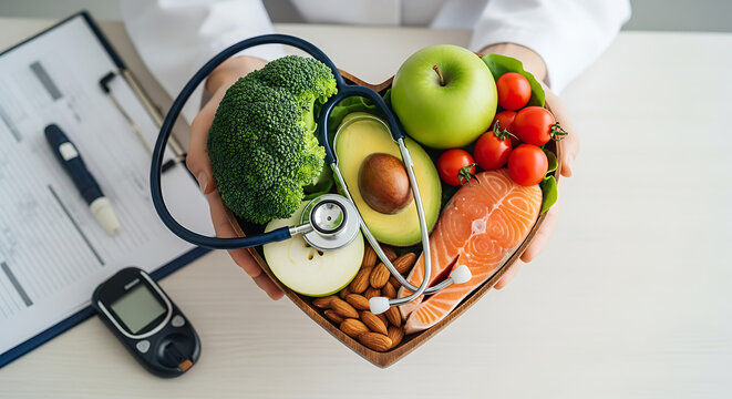 Doctor holding a heart-shaped bowl filled with healthy foods and a stethoscope, symbolizing heart health and nutrition.